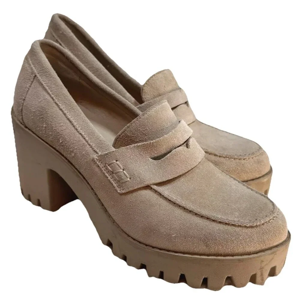 Steve Madden Binary Size 10 Tan Suede Platform Penny Loafers Y2K‎ Chunky